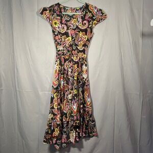 Midnight Sun Paisley Print Midi Dress Flutter Sleeve Smocked Waist Women's Large